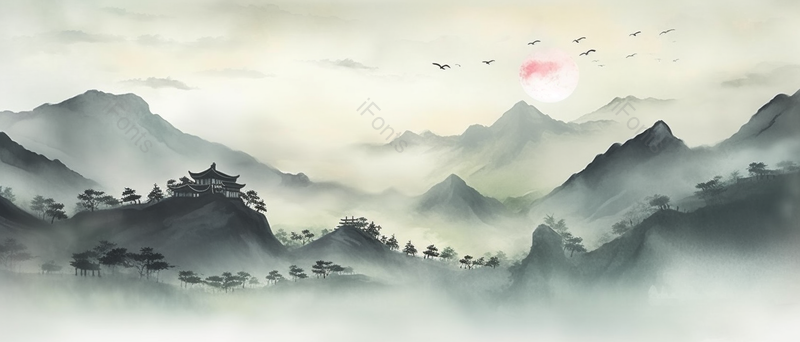 新中式淡黄色山川建筑水墨画,插画/手绘图,插画/手绘图库,插画/手绘图下载,插画/手绘